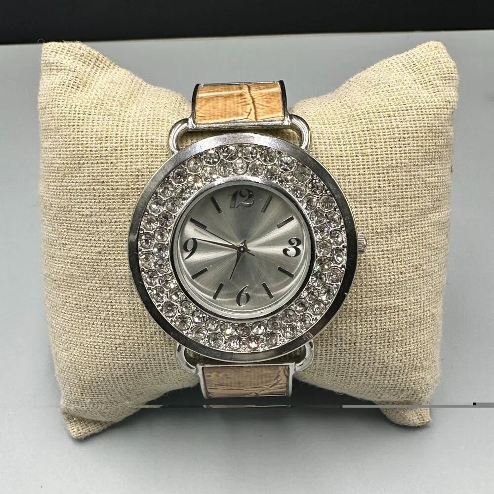 3/$30 Silver Tone Women Cuff Watch Rhinestone Bezel Arabic Numerals Works 7